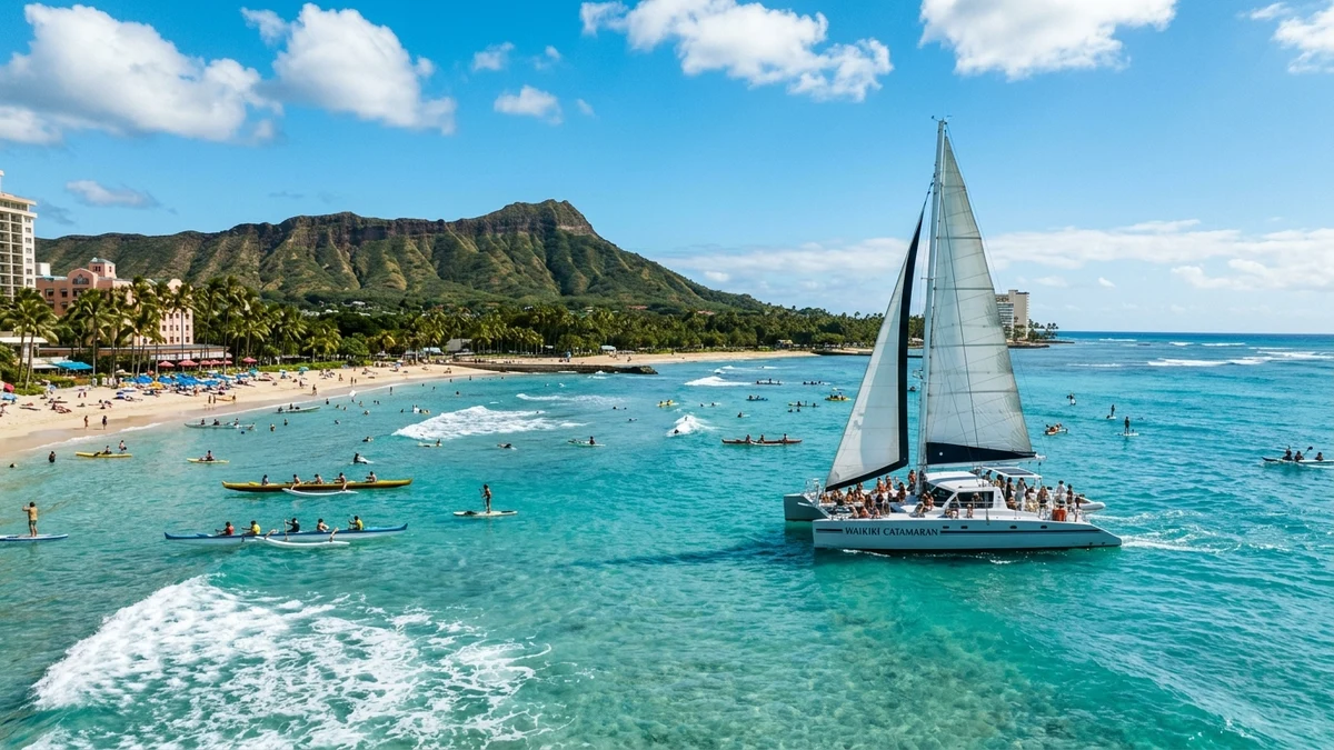 Sailing catamaran cruising in crystal-clear turquoise waters off Waikiki Beach with Diamond Head crater in the background