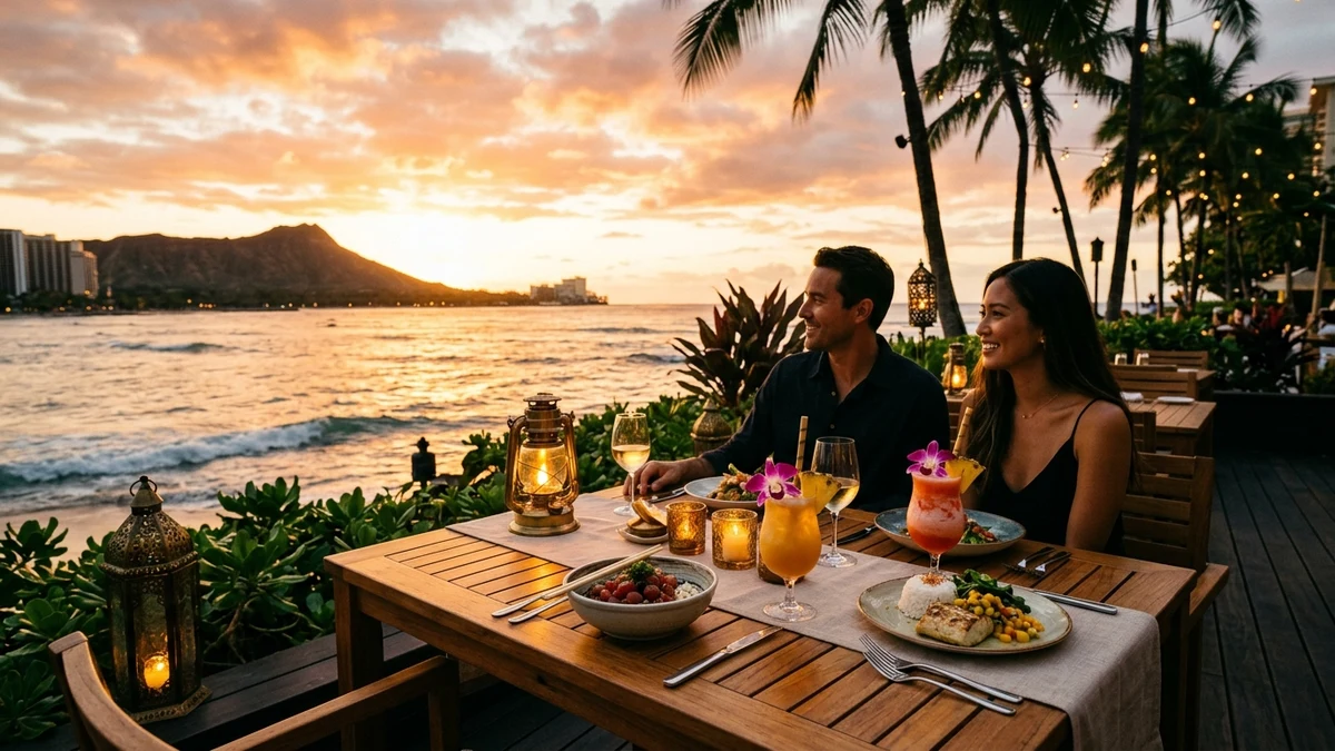 Open-air luxury oceanfront dining in Waikiki Oahu at golden sunset with fresh poke bowls and tropical drinks