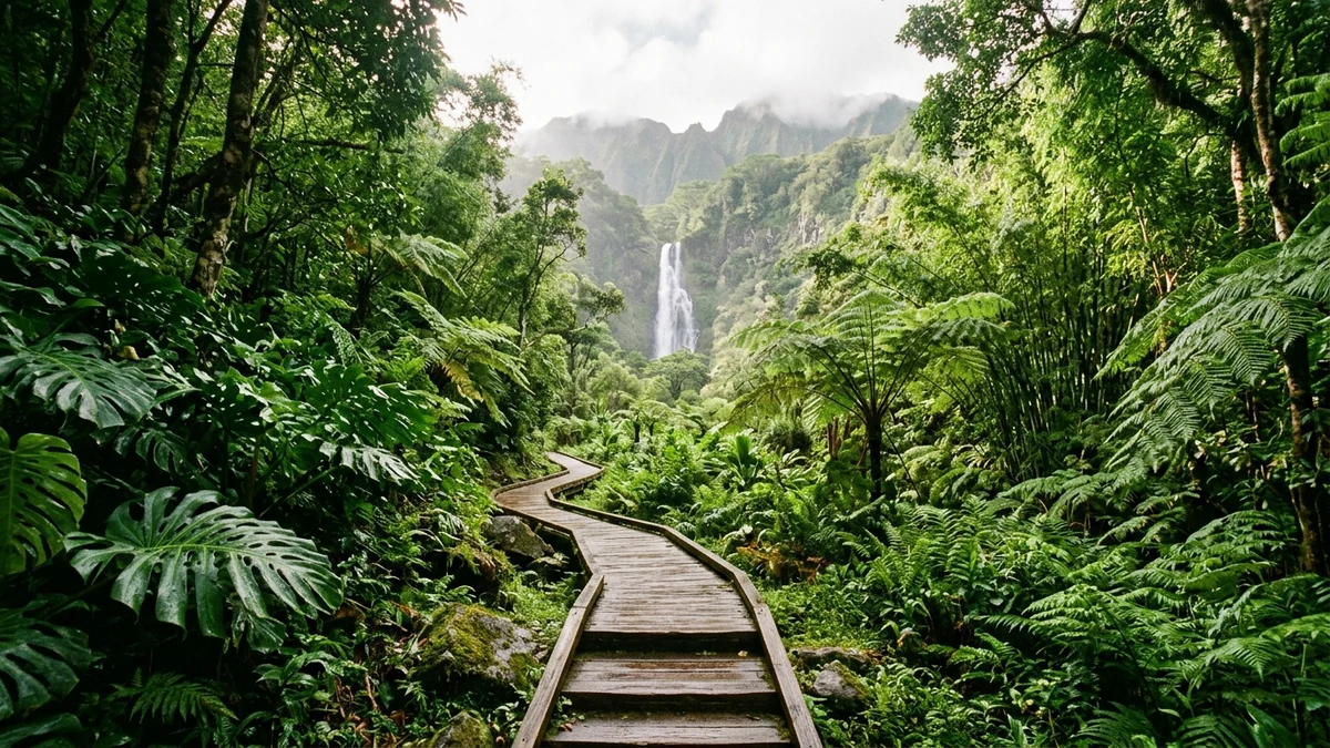 Lush rainforest wooden boardwalk trail in Oahu winding through giant tropical ferns and bamboo toward a cascading mountain waterfall