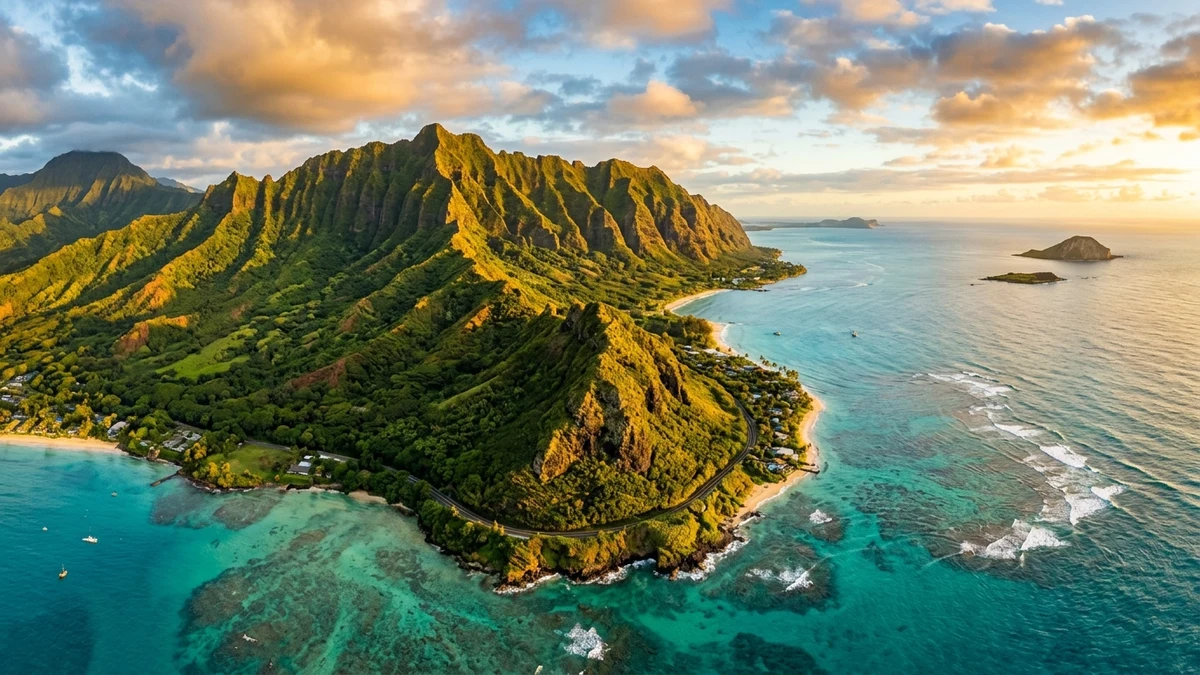 Cinematic aerial panoramic view of Oahu volcanic ridges meeting the turquoise Pacific ocean at sunrise